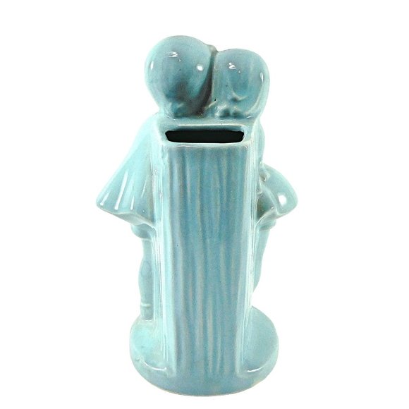 Vintage Girl Boy Hugging Planter by Shawnee Light Aqua Blue - Picture 4 of 8